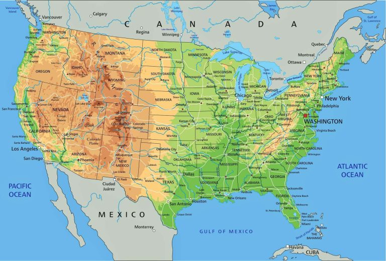 United States physical map with Canada and Mexico border