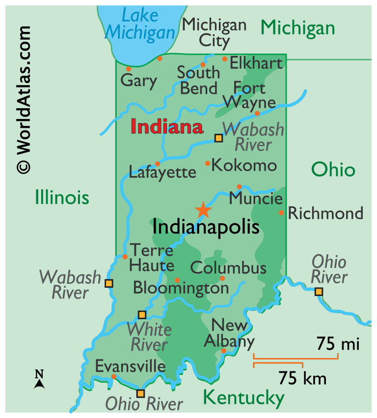 Indiana largest cities map with capital city