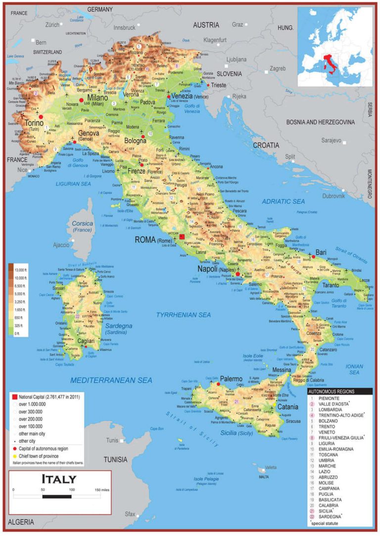 Large Physical Map of Italy with Cities and Population Data
