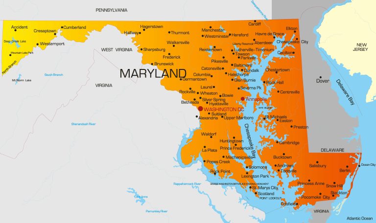 Maryland Counties and Cities Map with US Location