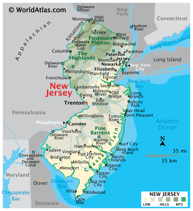 New Jersey Physical and Cities Map