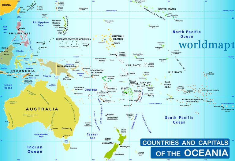 Oceania Map with Countries, Capitals, and Major Cities