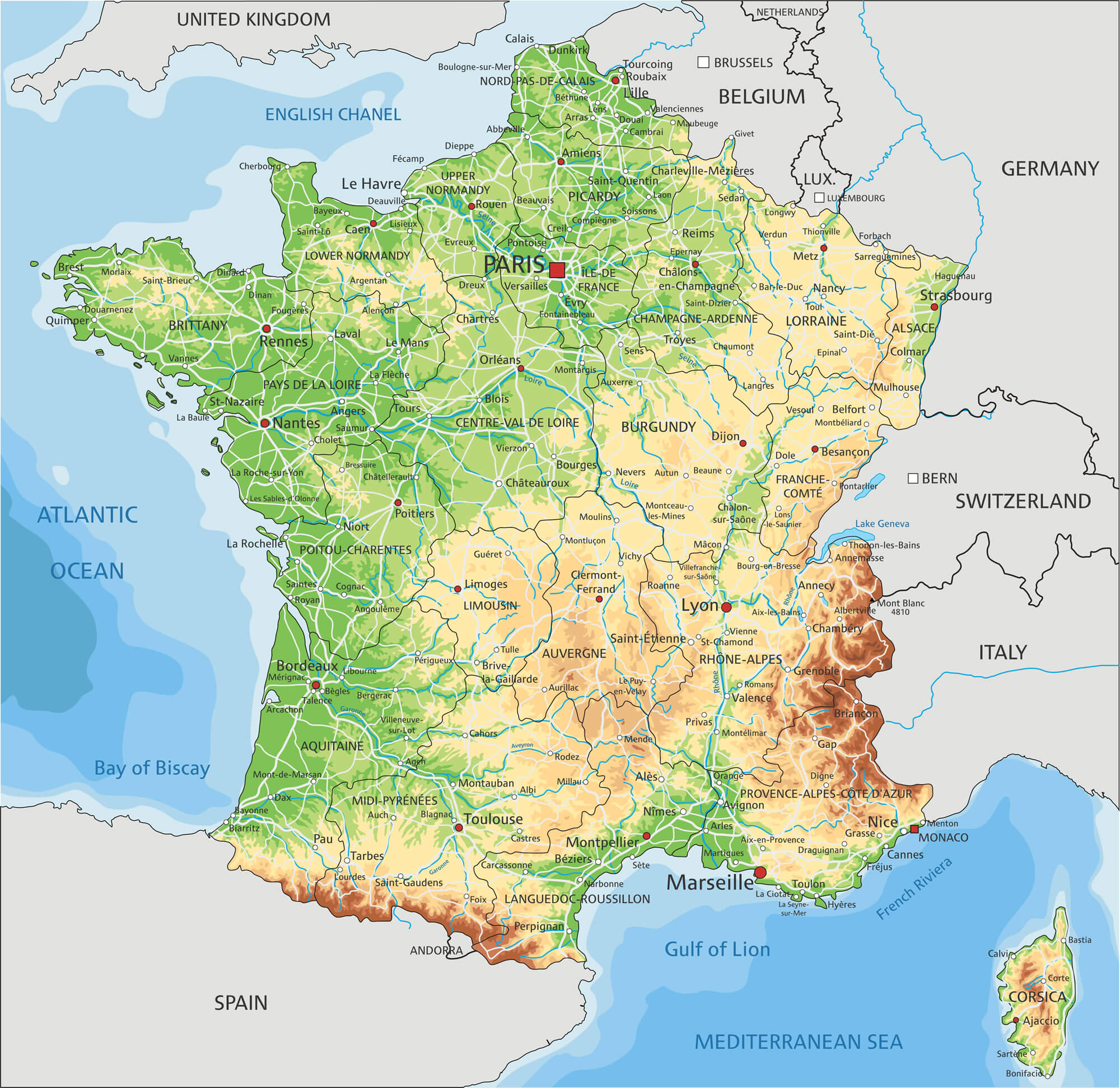 Physical Map Of France