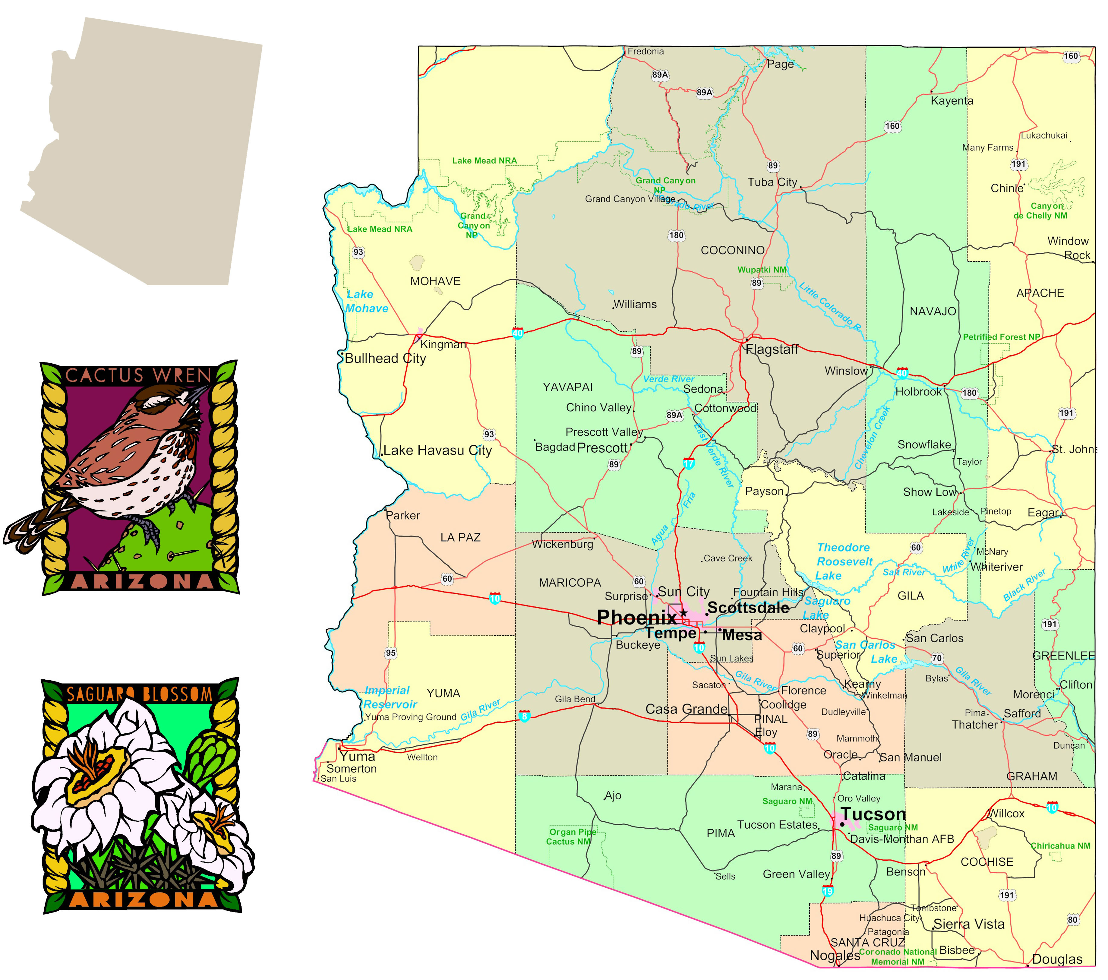 Arizona political map with counties