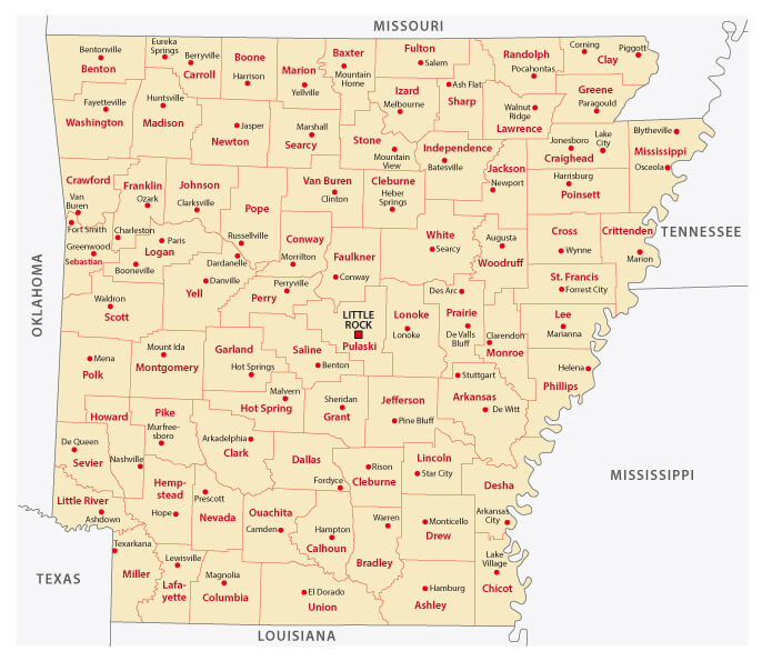Arkansas administrative map usa