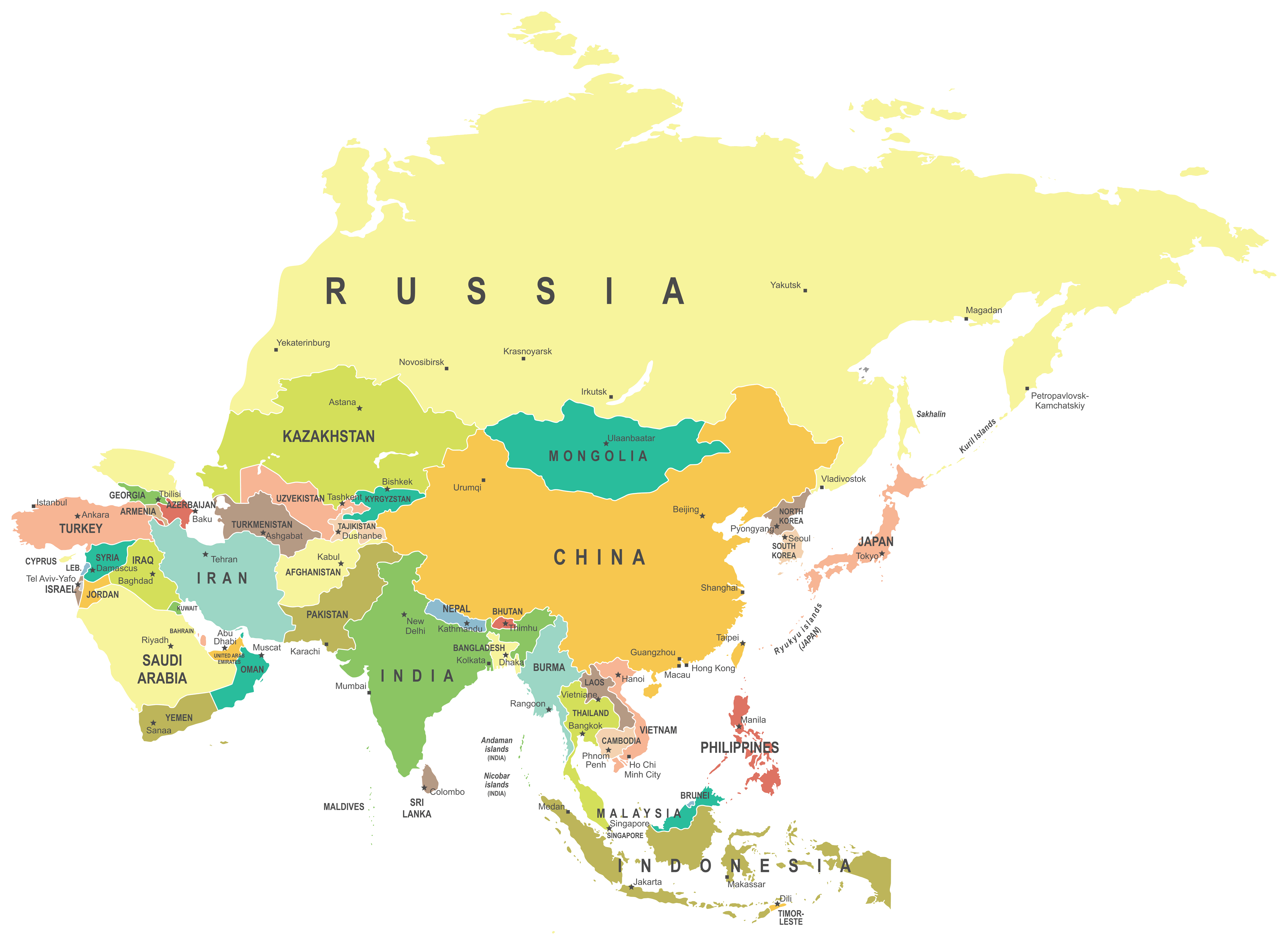 Detailed Map Of Asia With Countries 