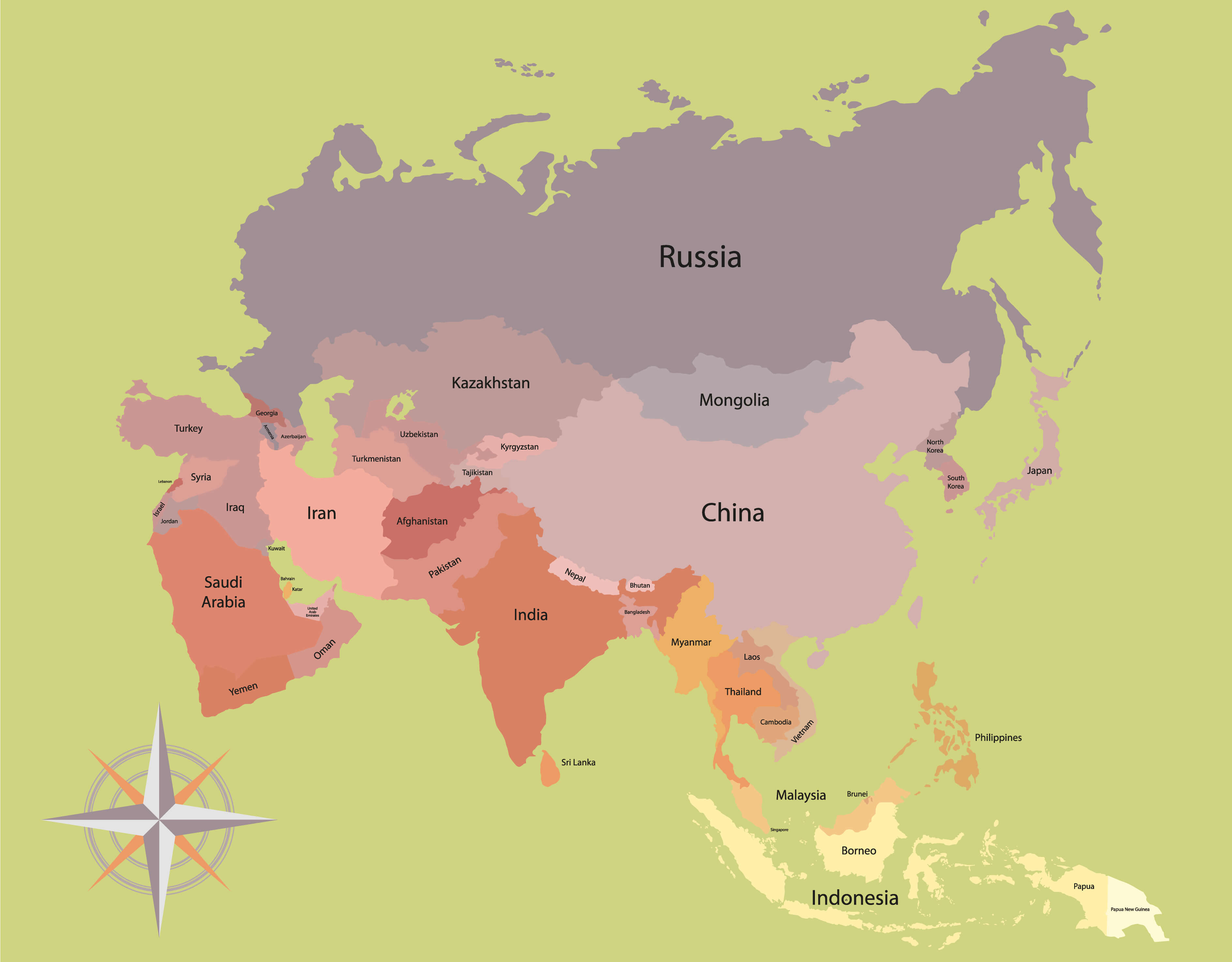 Asia Map in Gentle Colors, with Wind Rose
