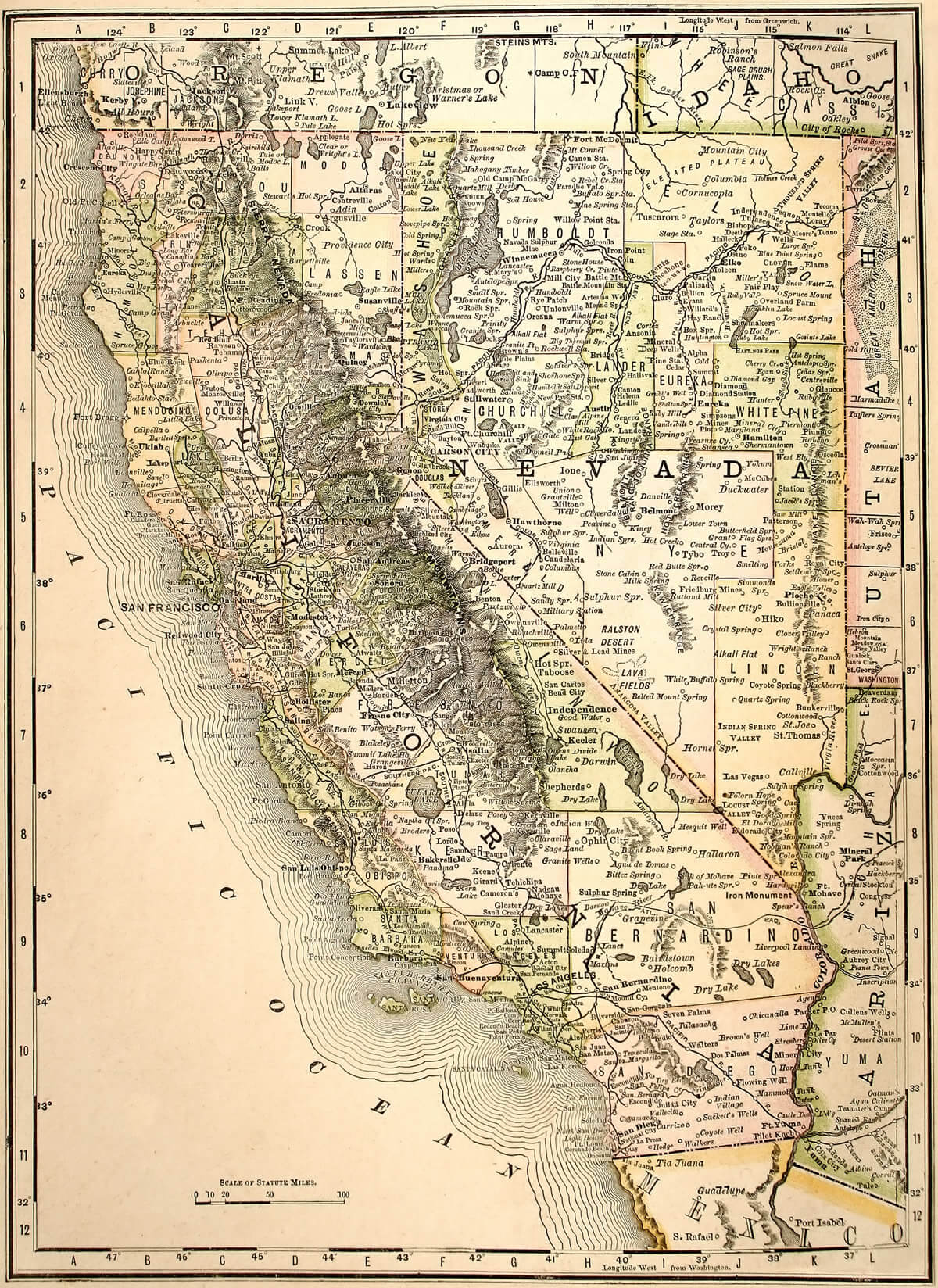 California and Nevada State Map 1889