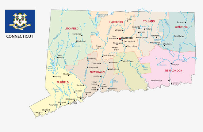 Connecticut Administrative Map with Flag