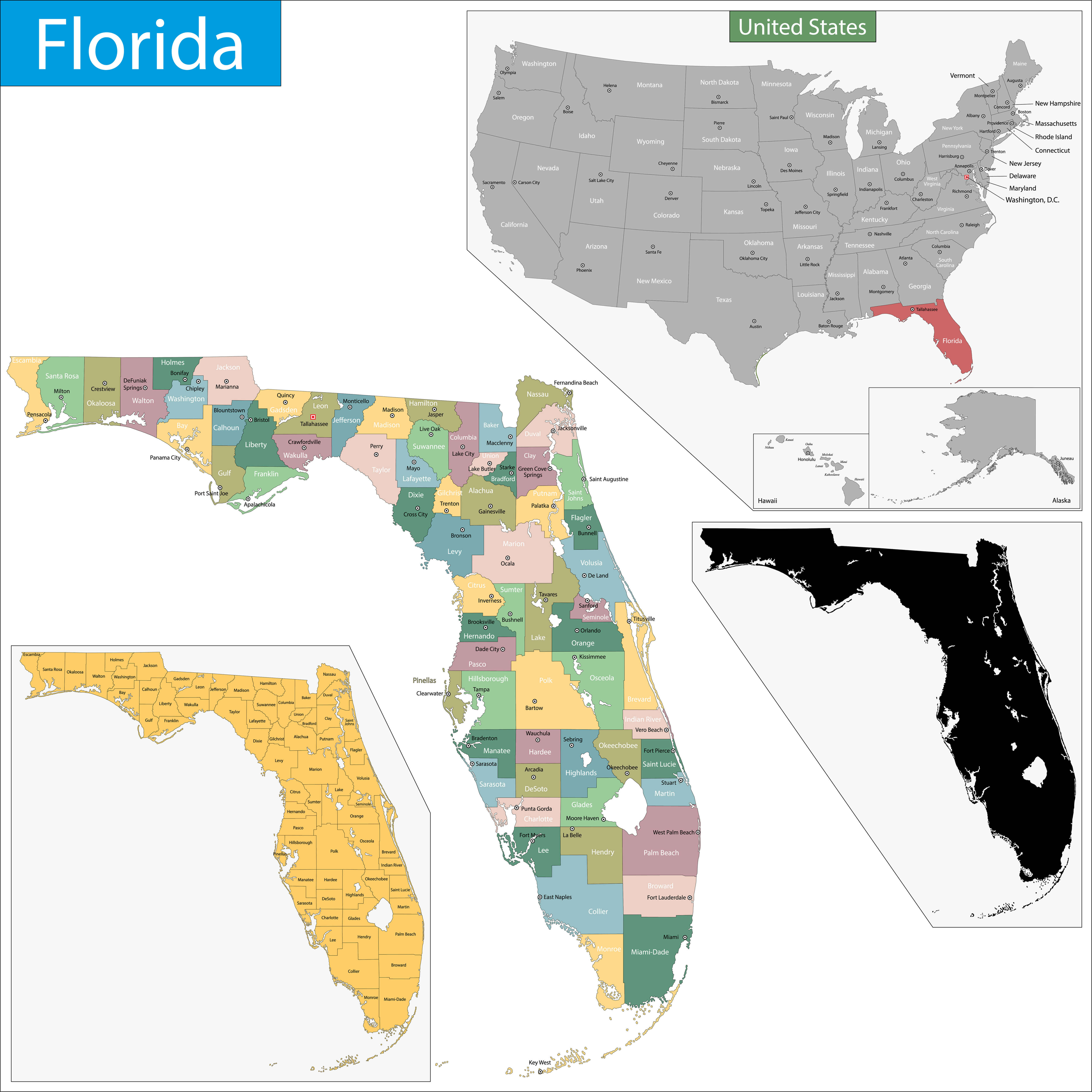 Florida Map with the Counties and US States