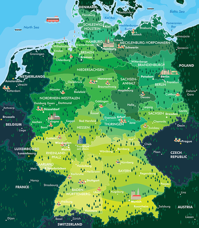 Germany Main Regions Cities Map