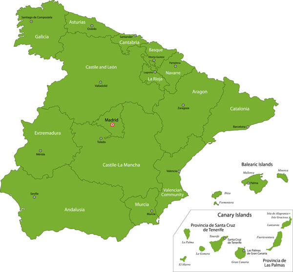 Green Spain Map with Regions