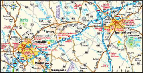 Greenville and Spartanburg Map, South Carolina