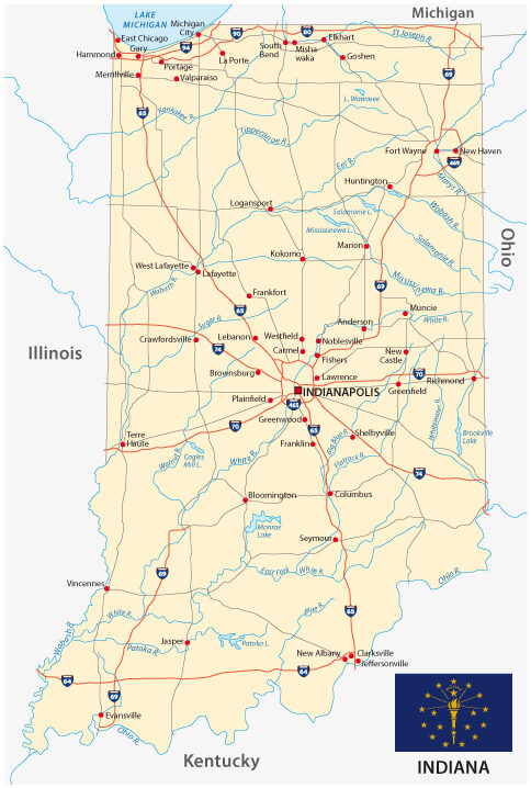 Indiana road map with flag