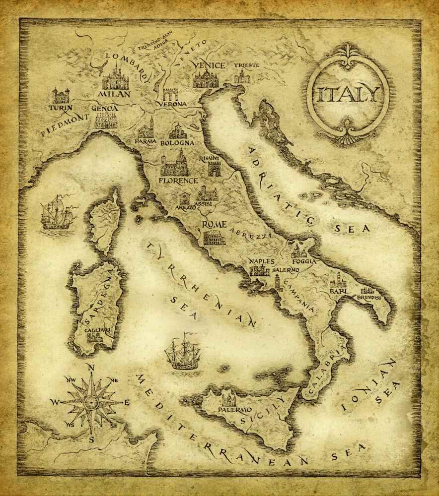 Map of Italy, drawn with ink on paper