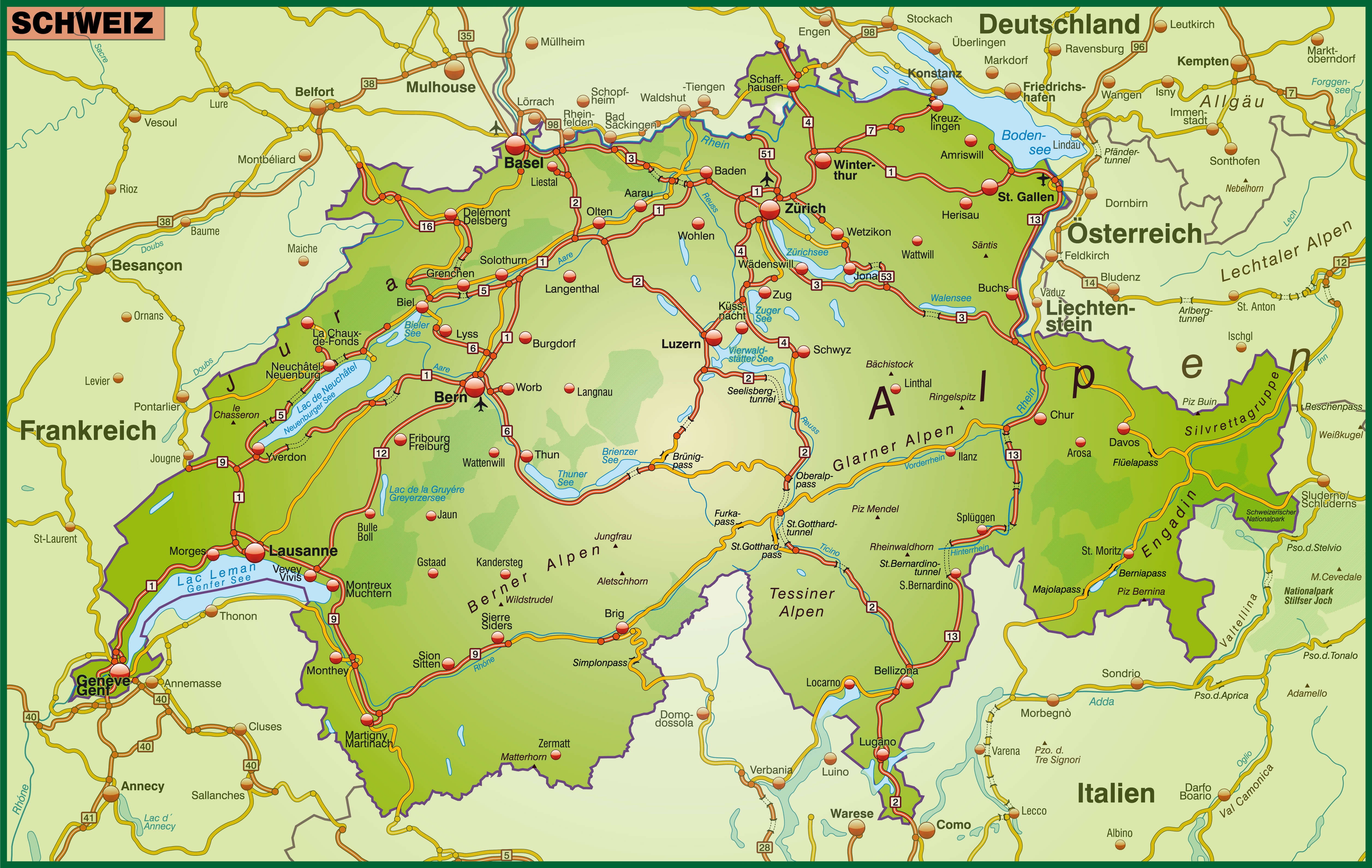 Map of Switzerland with Highways
