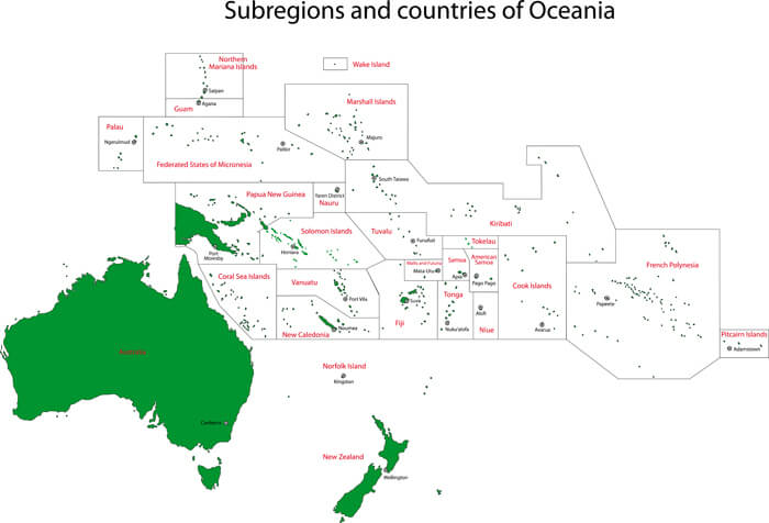Oceania Map with Countries and Capital Cities