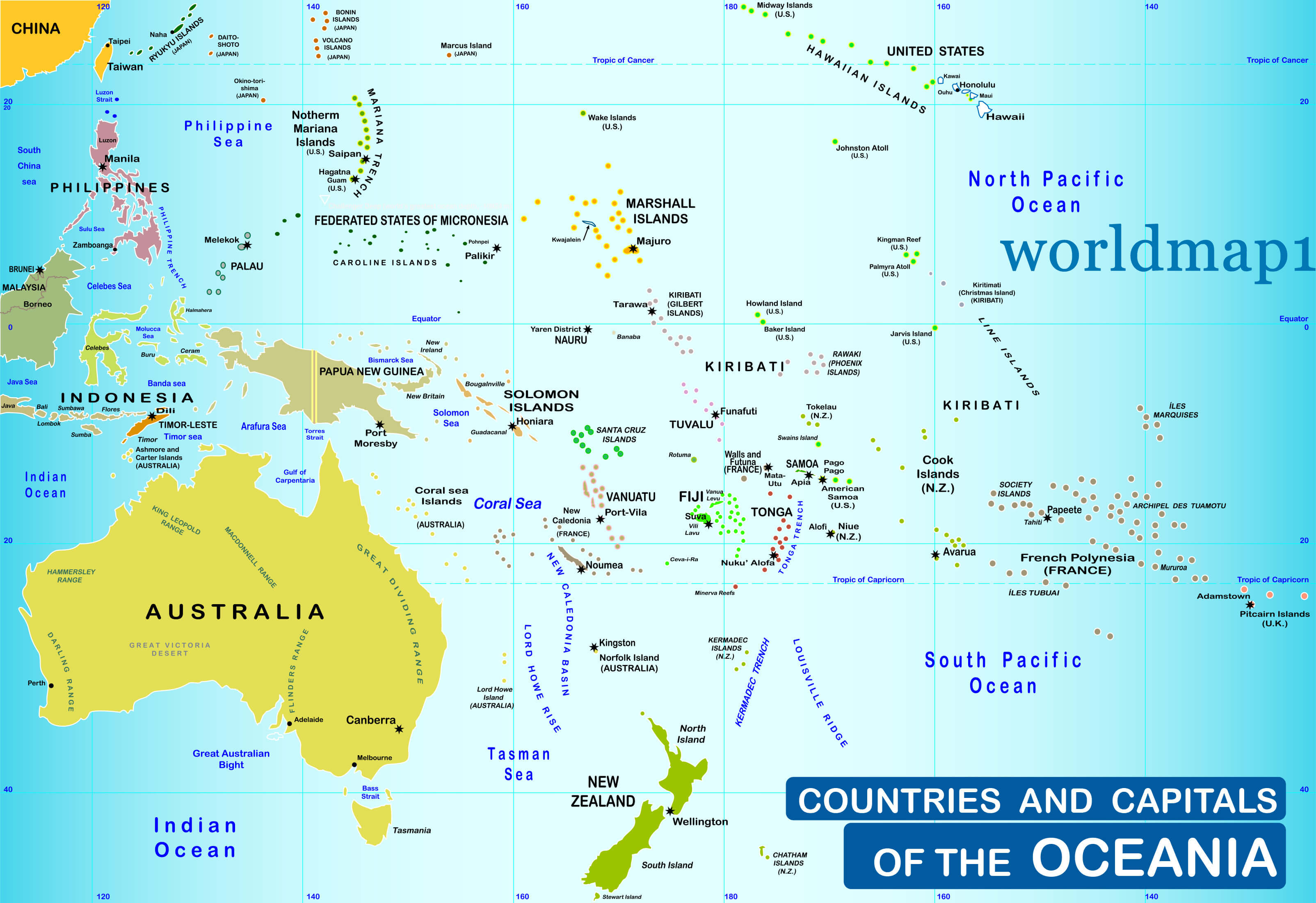 Countries and capitals of the Oceania Map
