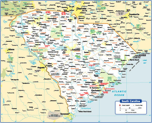 South Carolina State Map, US