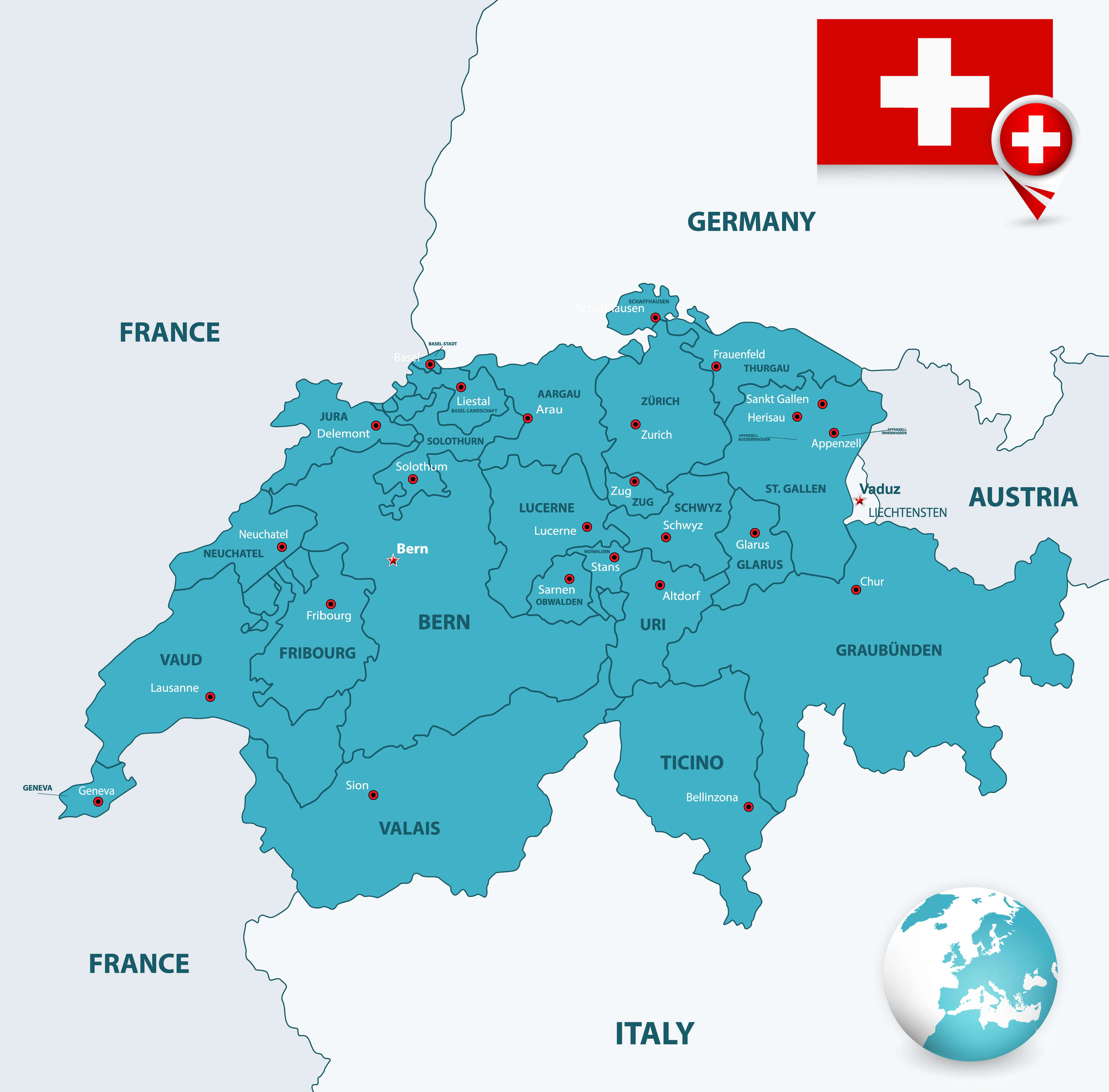 Switzerland Cities Cantons Map 