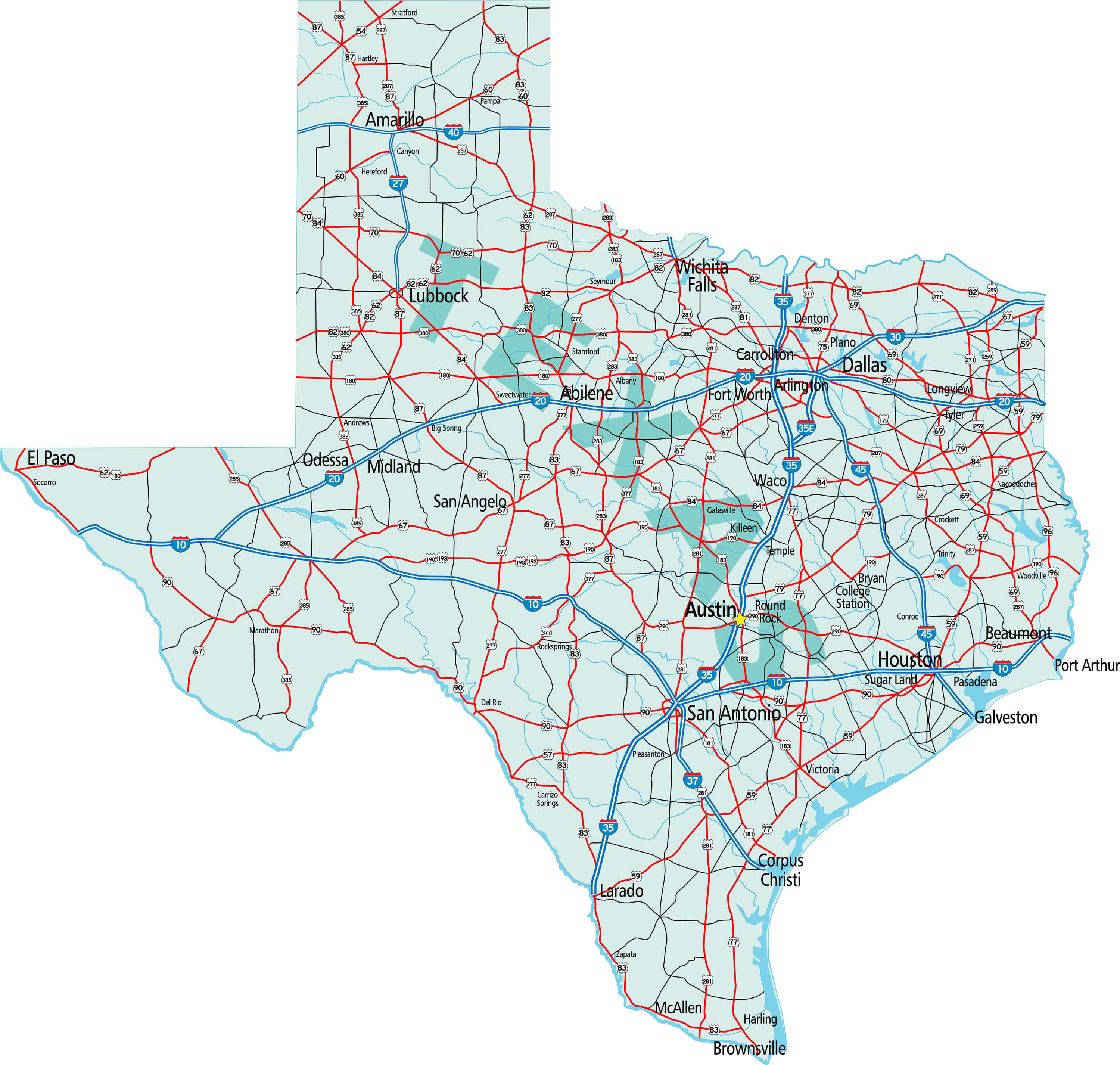 A Road Map Of Texas - United States Map