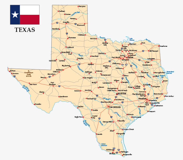 Texas road map with flag