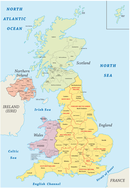 United Kingdom Reginal & Major Cities Map