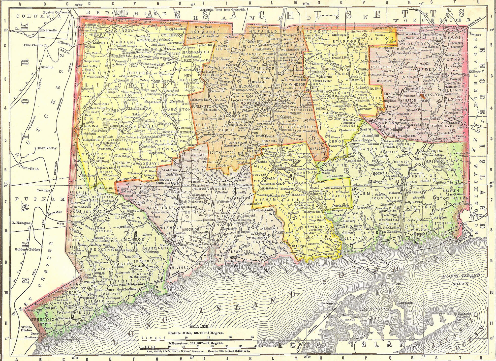 Vintage 1891 Map of Connecticut