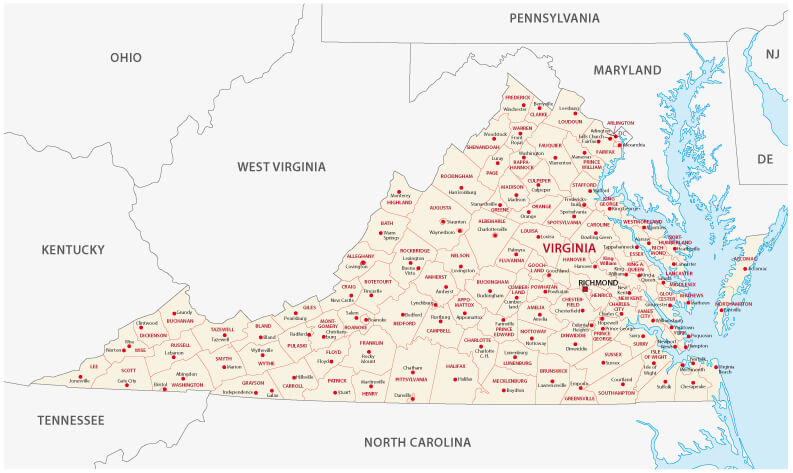 Virginia administrative Map, US