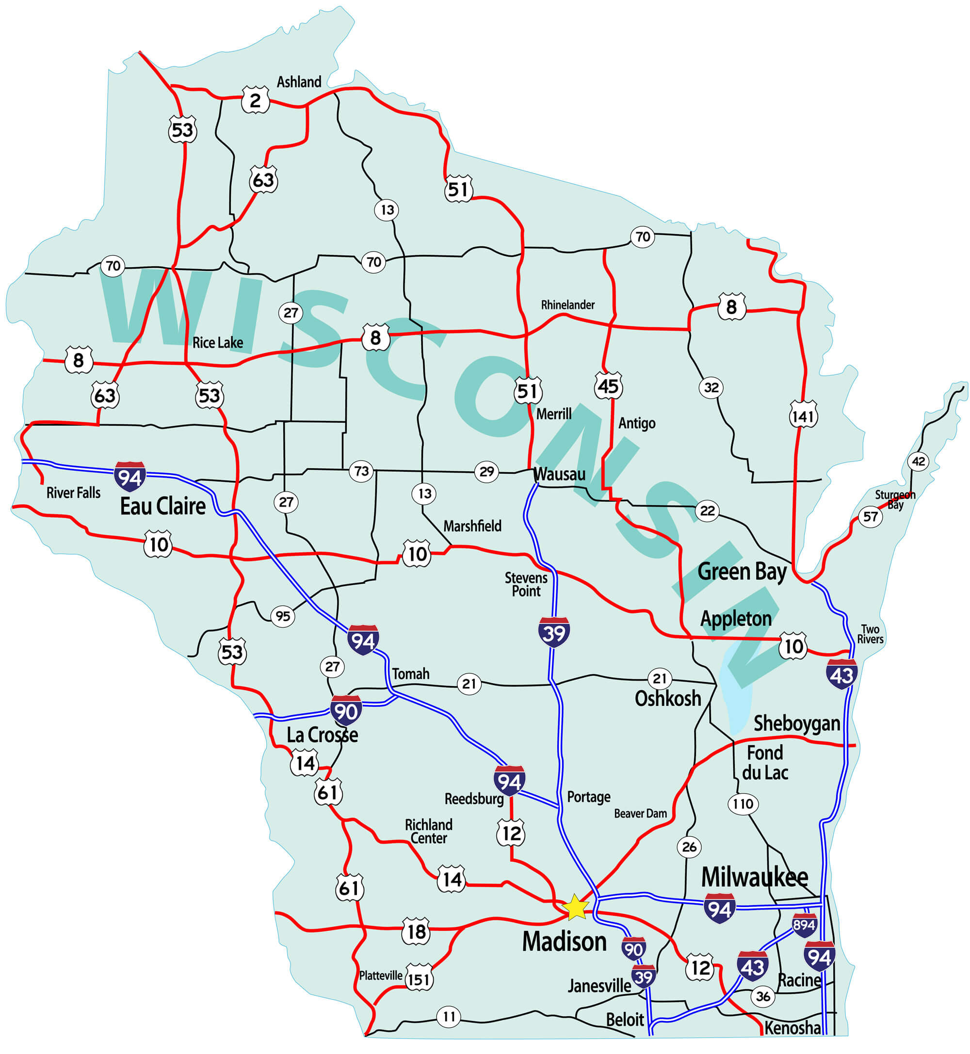 Large Roads And Highways Map Of Wisconsin State With - vrogue.co