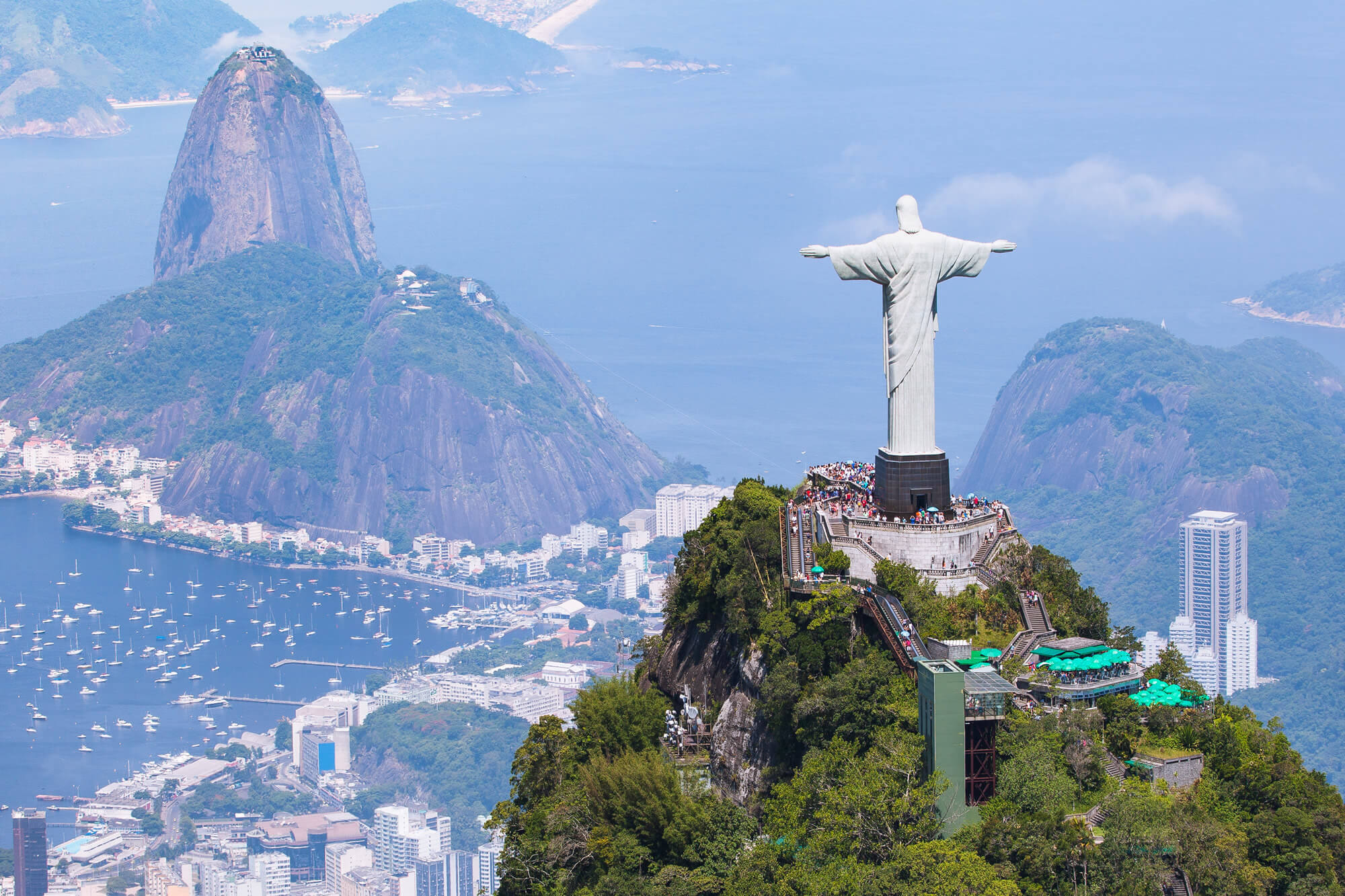 Aerial view of Rio de Janeiro with Christ Redeemer and Corcovado Mountain. 