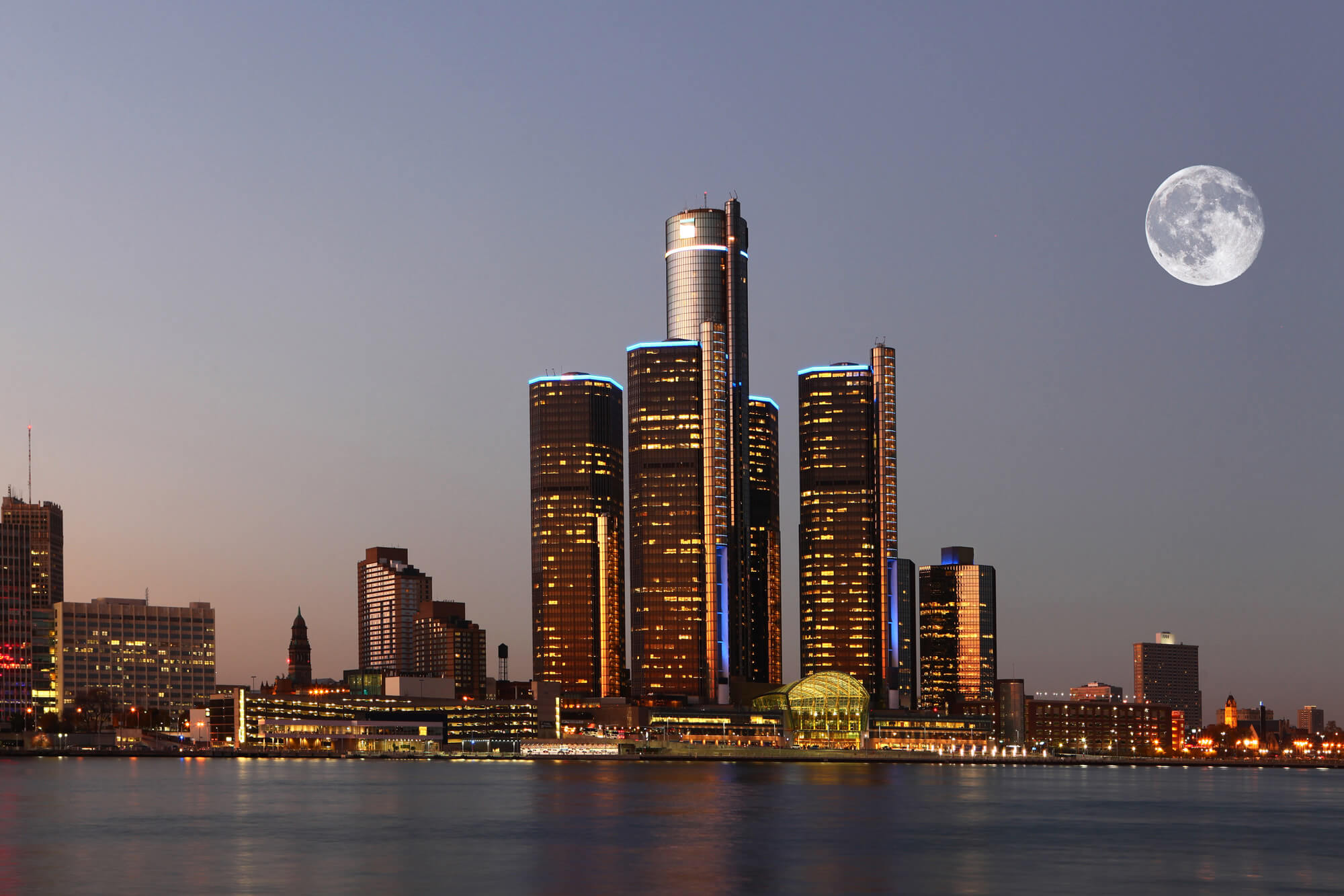 Rising moon over Detroit